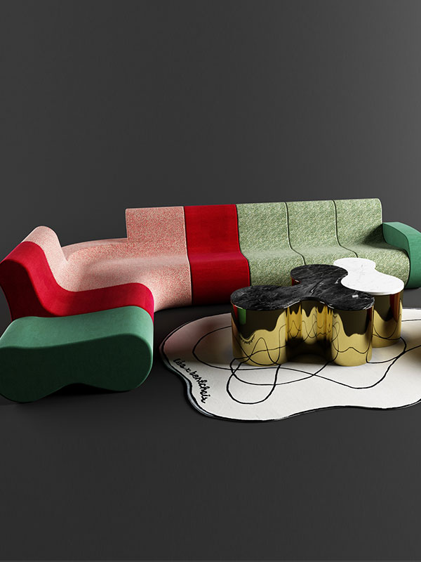multi-colour designer sofa for your modern living room, uneven shaped coffee table in the centre off the room