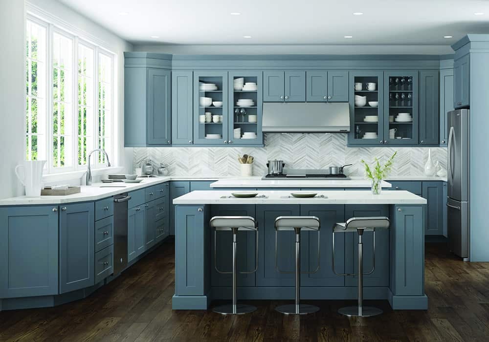 Blue and white modular kitchen setting
