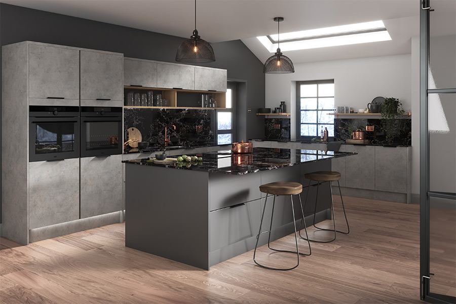 A beautiful grey and black cooking space.