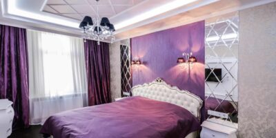 beautiful violet room, wallpaper, lights, lighting, chandelier, designer bed