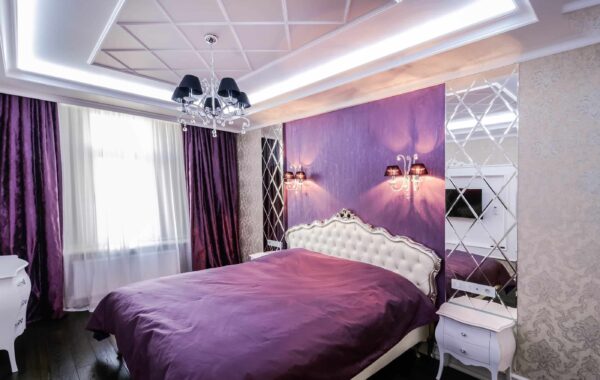 beautiful violet room, wallpaper, lights, lighting, chandelier, designer bed