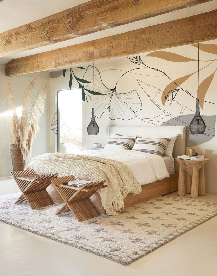 scandinavian bedroom decor enhanced with murals, wooden furniture, rug