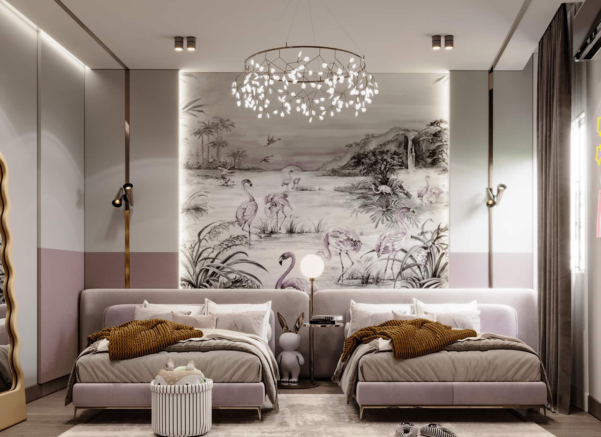classic room decor with violet and beige shades for your space, chandelier, rug, wallpaper