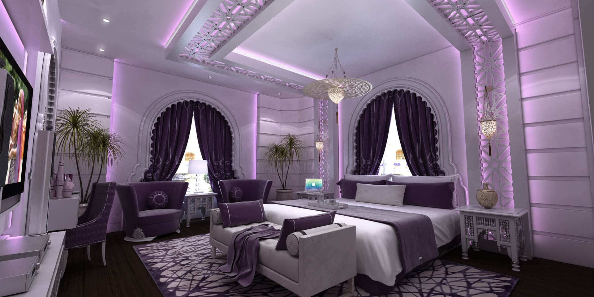 lavish bedroom, with purple and white colour, two-colour combination, chandelier, rug