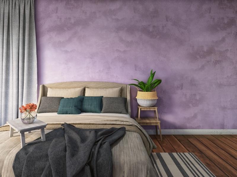 bedroom with texture on walls, purple two colour combination, minimal decor
