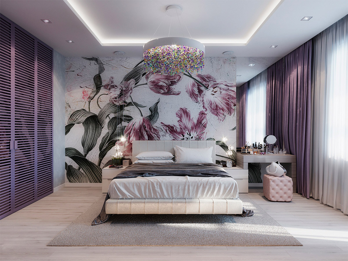 purple white, two colour combination, wallpaper on walls, pink purple