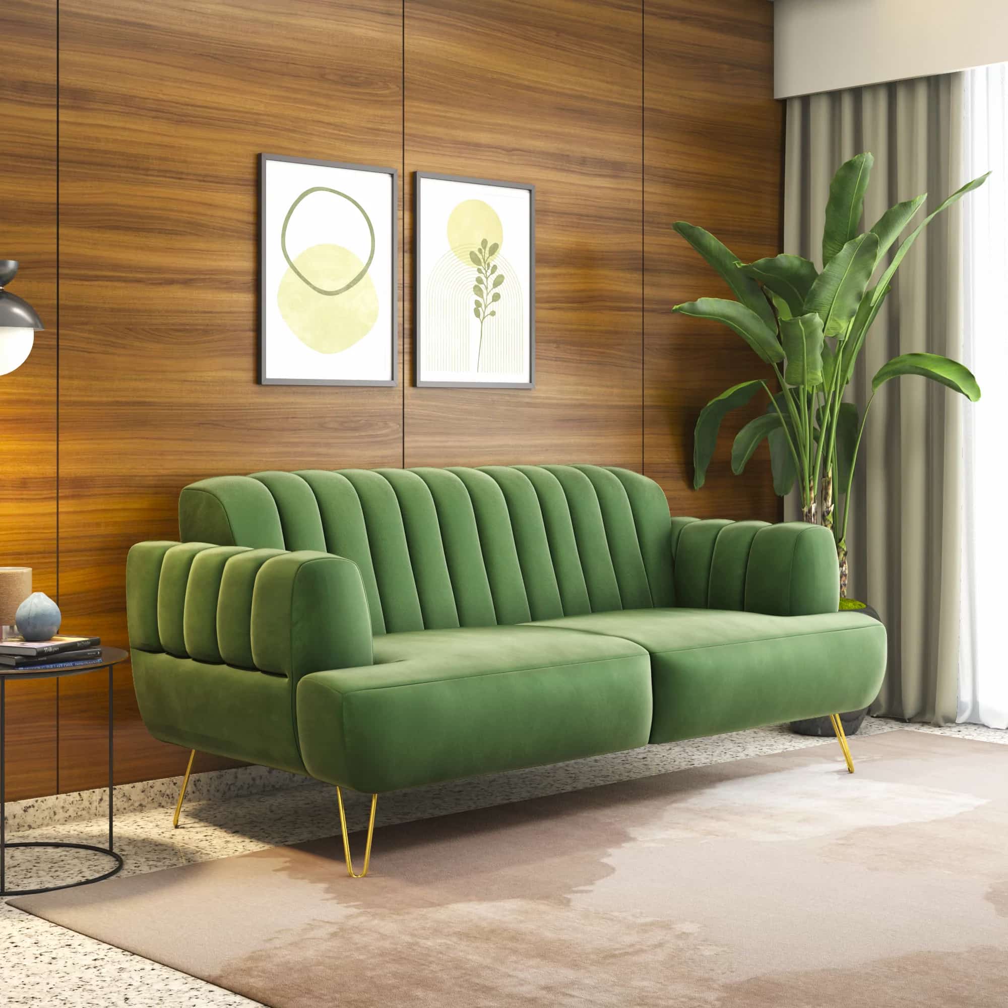 green coloured tufted couch with elegant armrest, brown coloured rug placed under it, indoor plant placed in the room, side table, minimal room decor with latest designer sofa sets
