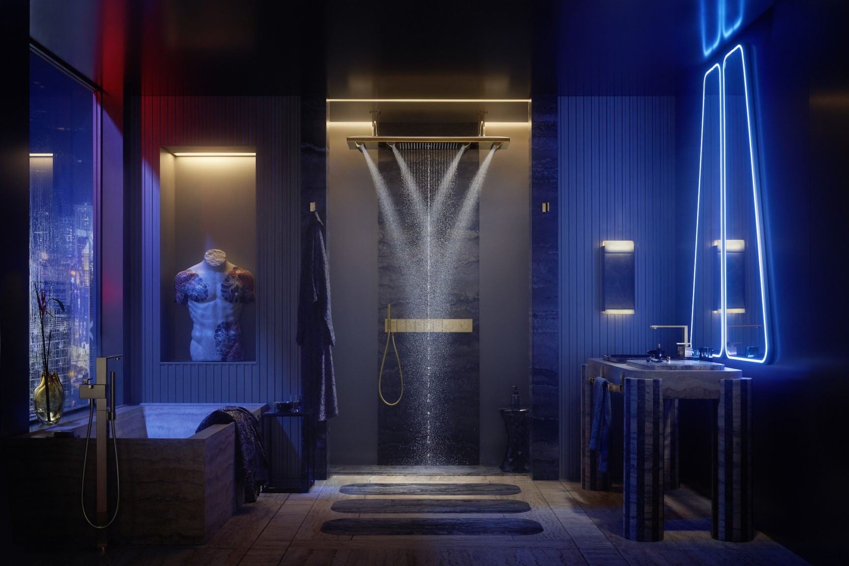black spa-like bath space with blue lights and hot shower, bathtub, washbasin and mirror, designer bathroom wall tiles ideas