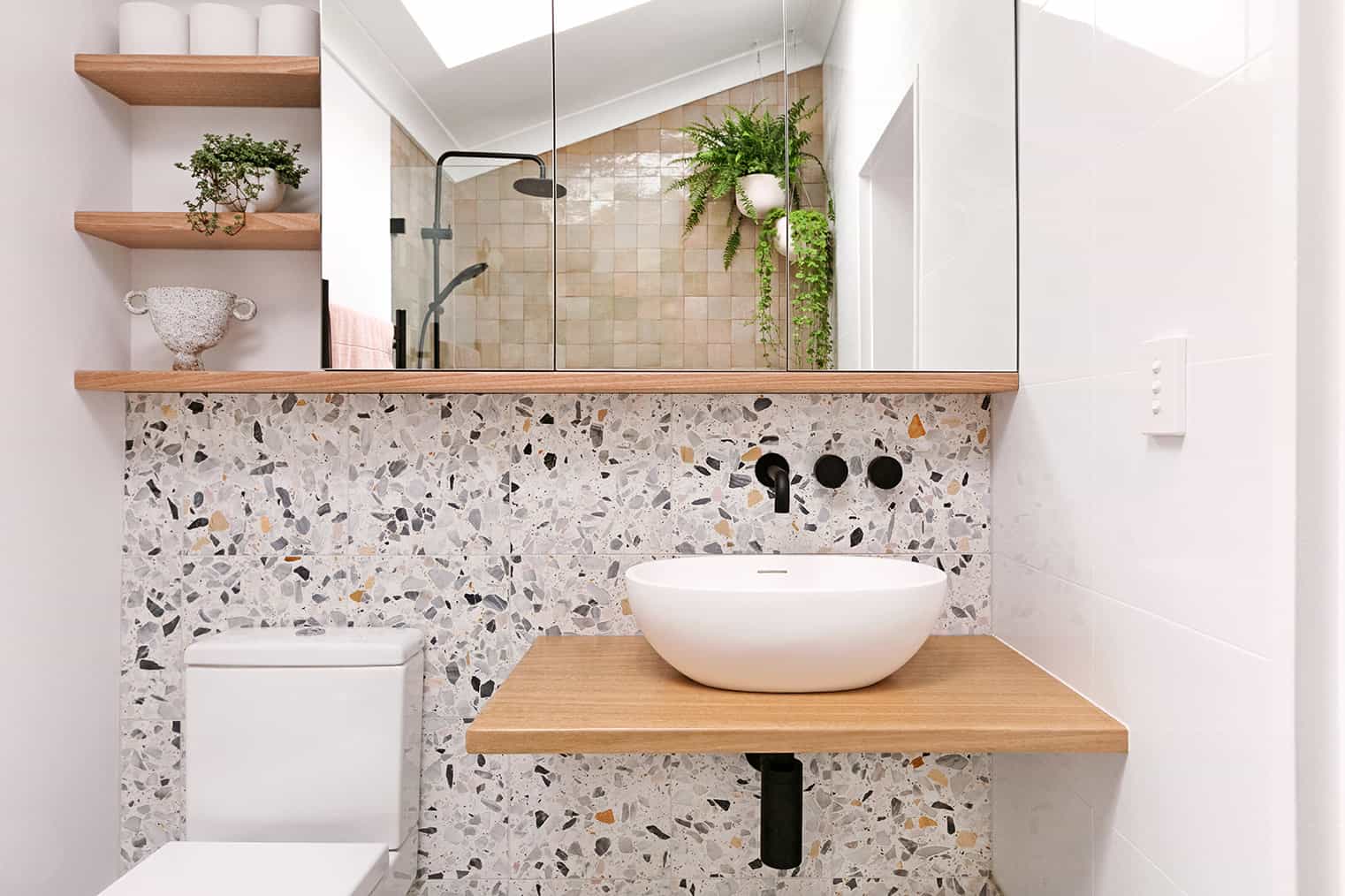 A minimalist bathroom with terrazzo slabs