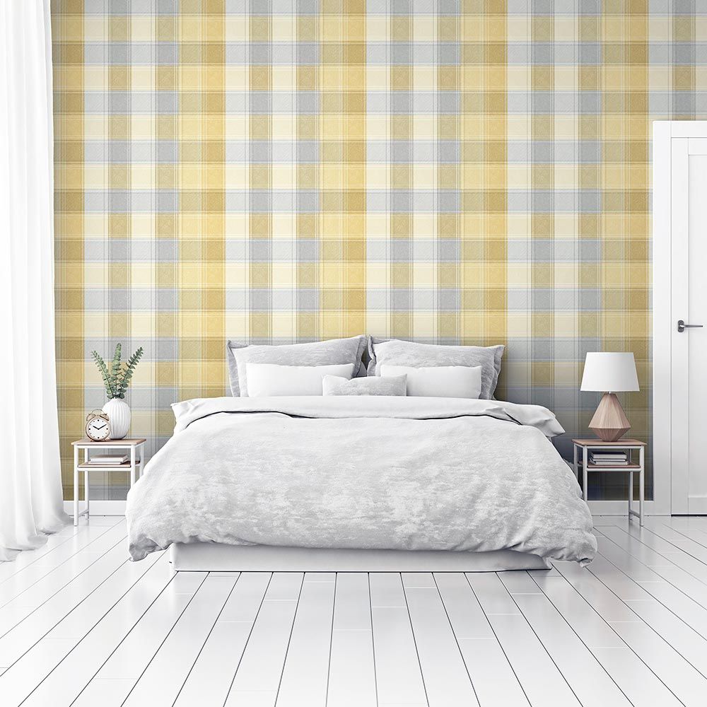 traditional checkered wallcovering, classy design, yellow and grey colour, planter
