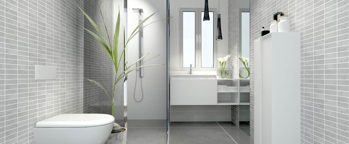 A minimalist washroom design with a plant.