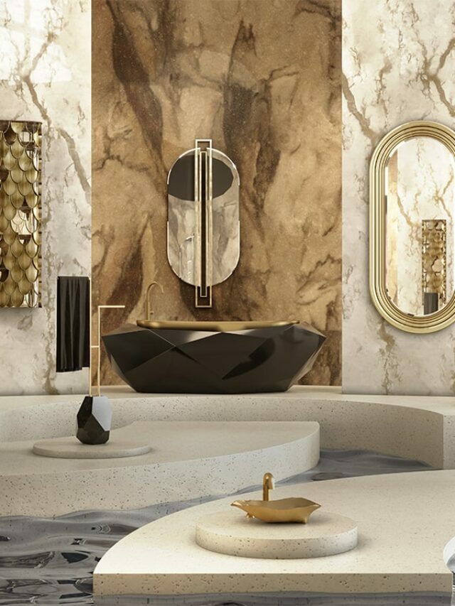 brown wall in a luxury bathroom with mirror, bathtub