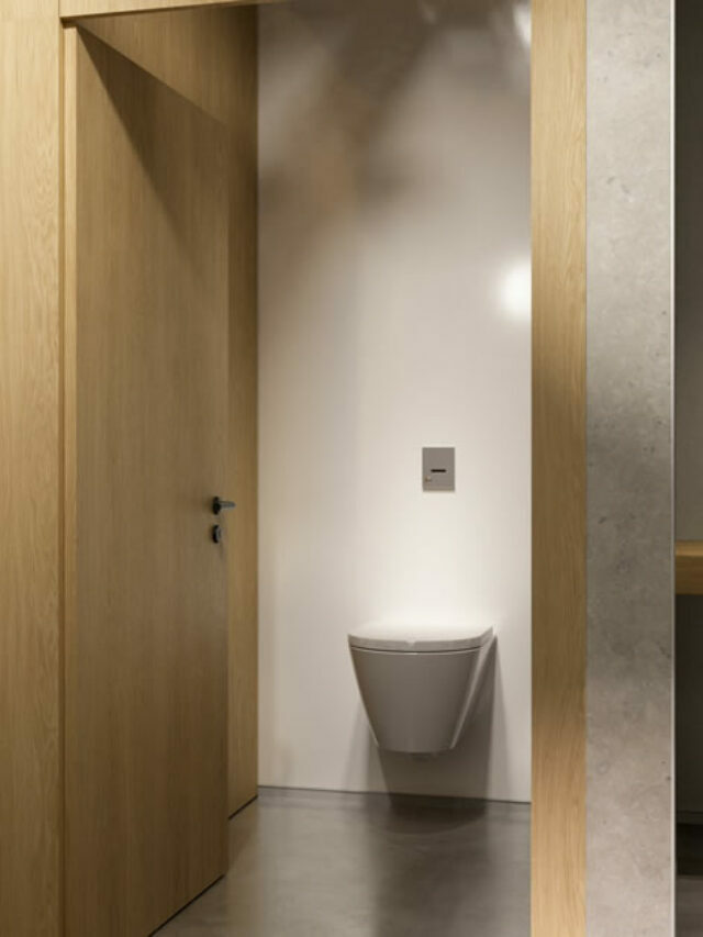 brown toilet stall with a toiler, door and flush