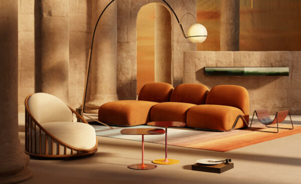 deep orange coloured designer sofa set with rounded edges in a nordic-style living room