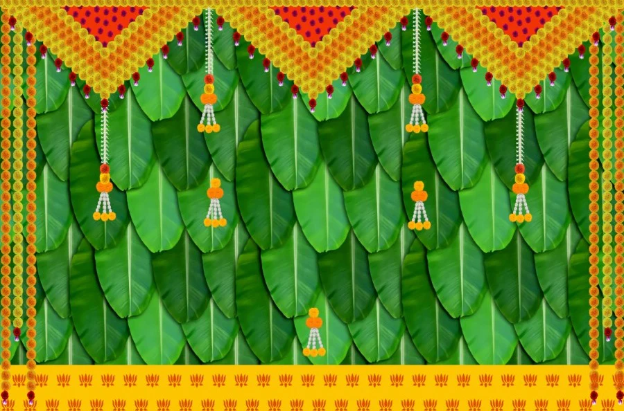 Bannana leaves with florals backdrop for low cost simple haldi decoration at home