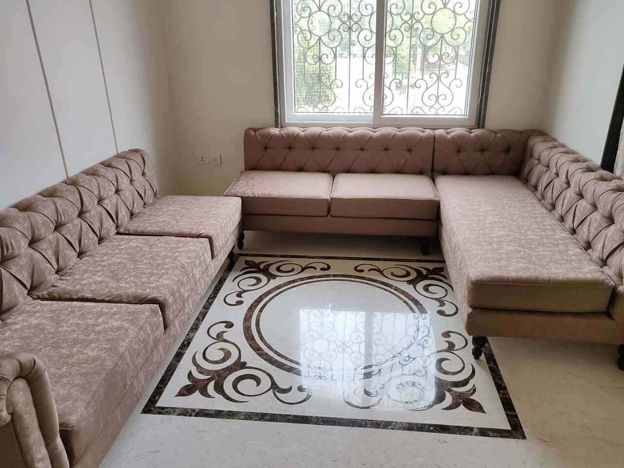 A classic marble flooring with sofas