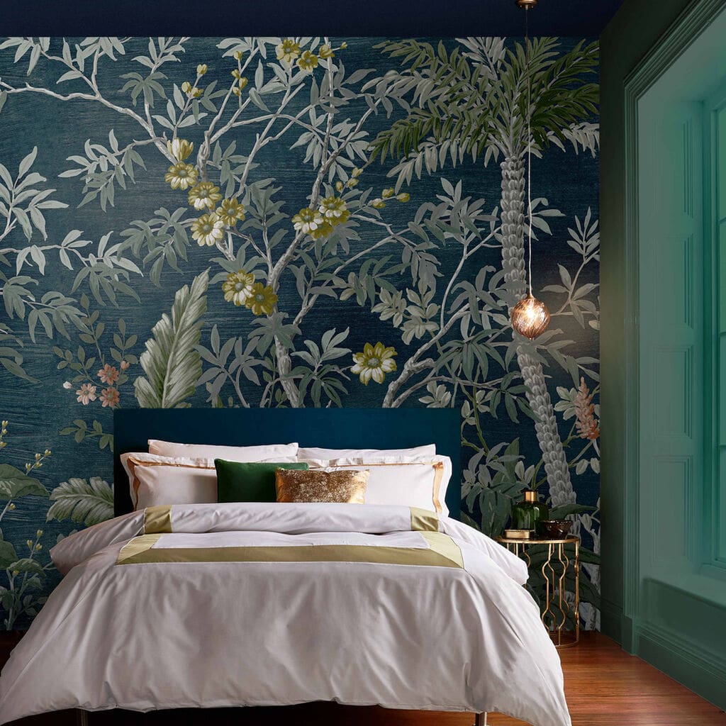 gold and green coloured bedroom, with beautiful mural wallcovering for wall decor, beautiful lightings, bold look 
