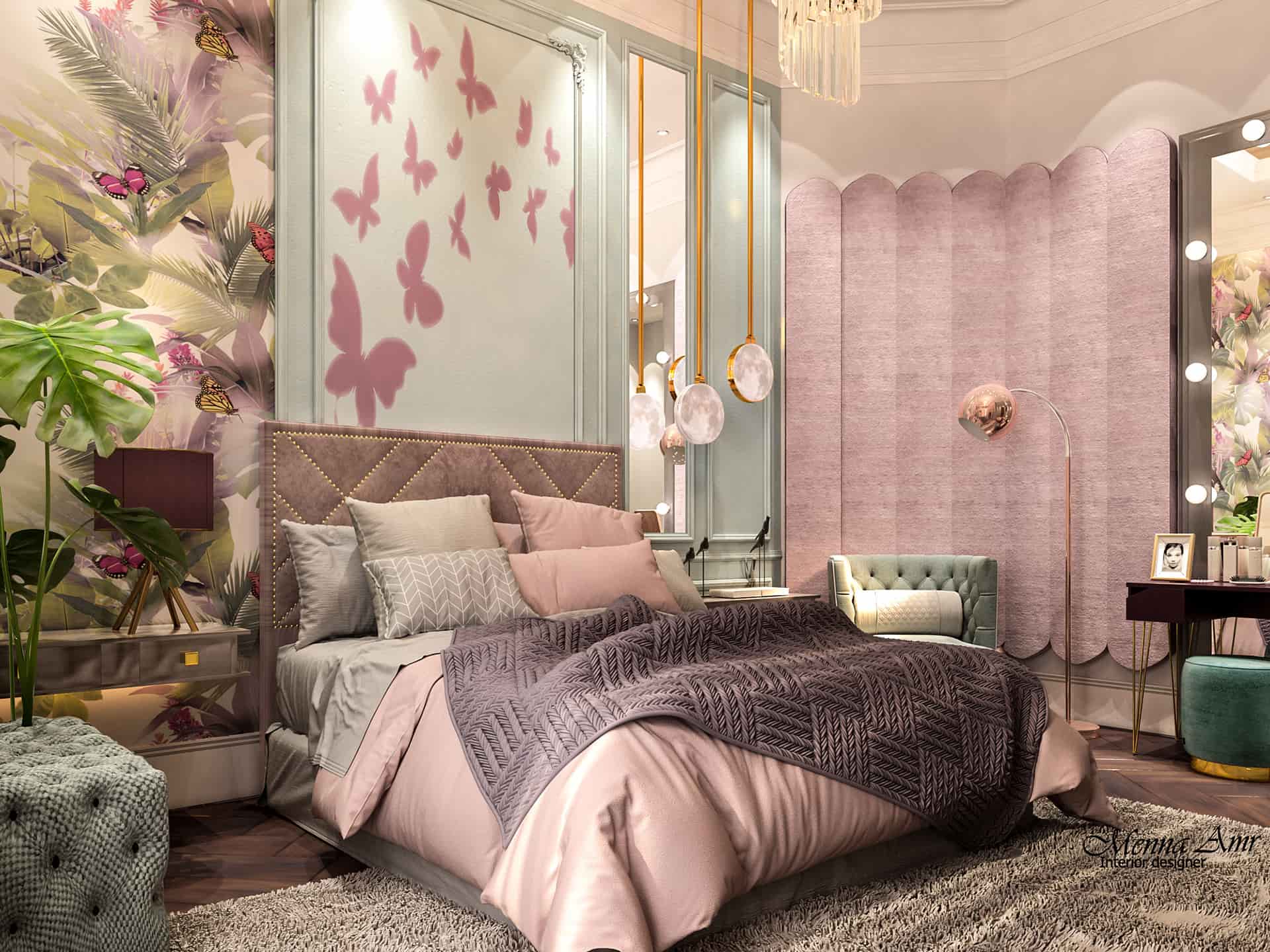 pretty pink purple bedroom wall, two colour combination, butterflies on the wall, beautiful room