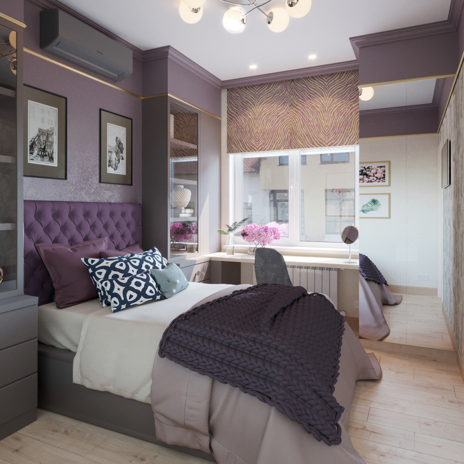 contrast ceilings for violet sleeping room, unique design, fancy lights, flooring