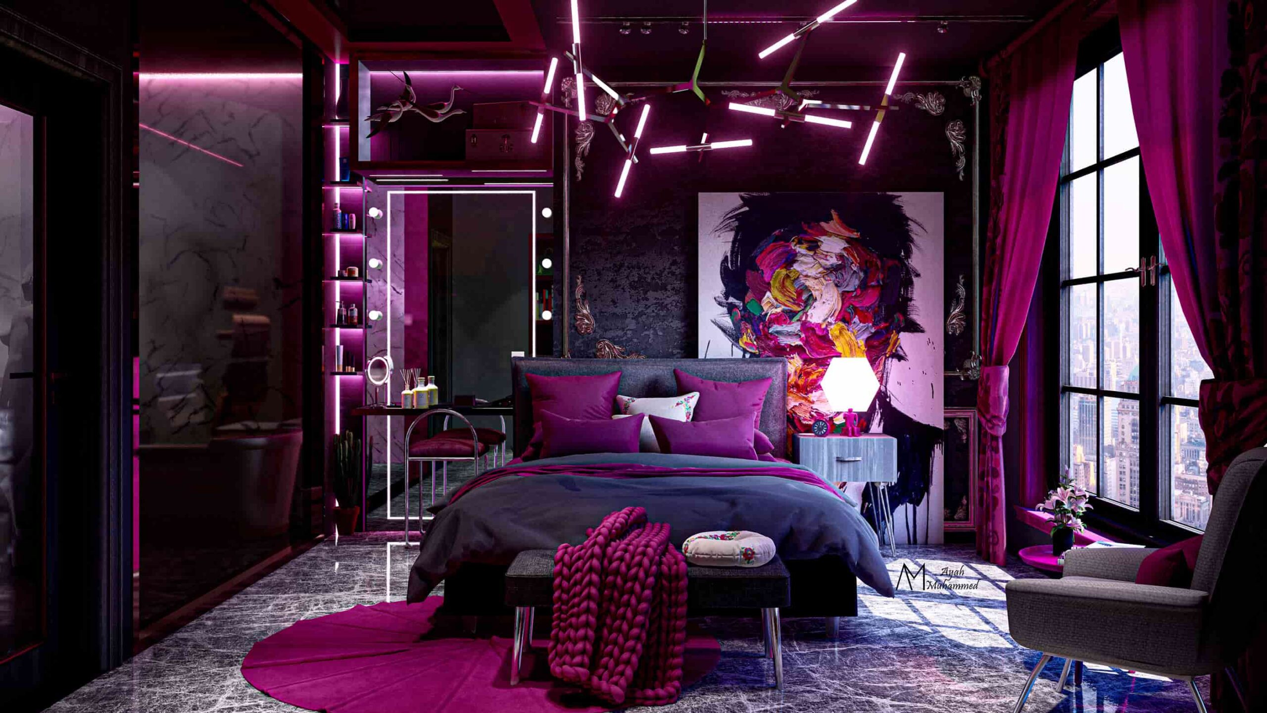bold bedroom decor, with violet and grey colours, lights, rug, wall
