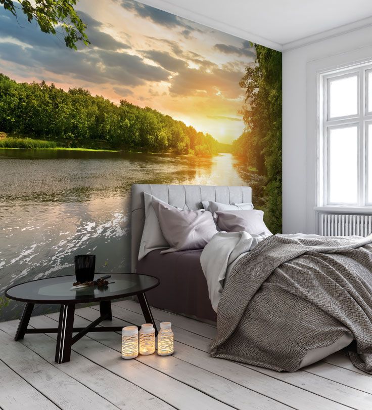beautiful serene wall coverings with natural effect, bedroom decor that radiates nature