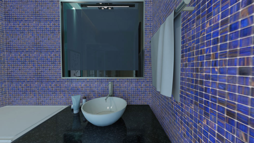 Blue themed washroom with a basin
