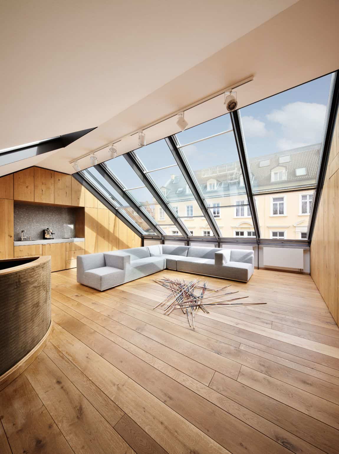 A classic skylight window with sofas