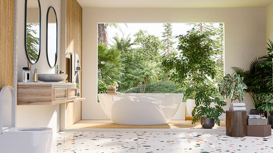 bathroom design with the right accessories, bathtub, plants, flooring, classic decor