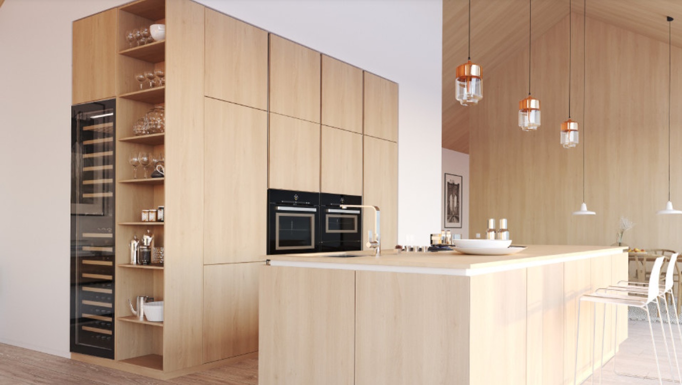 brown kitchen with plywood kitchen island, cabinets and shelf