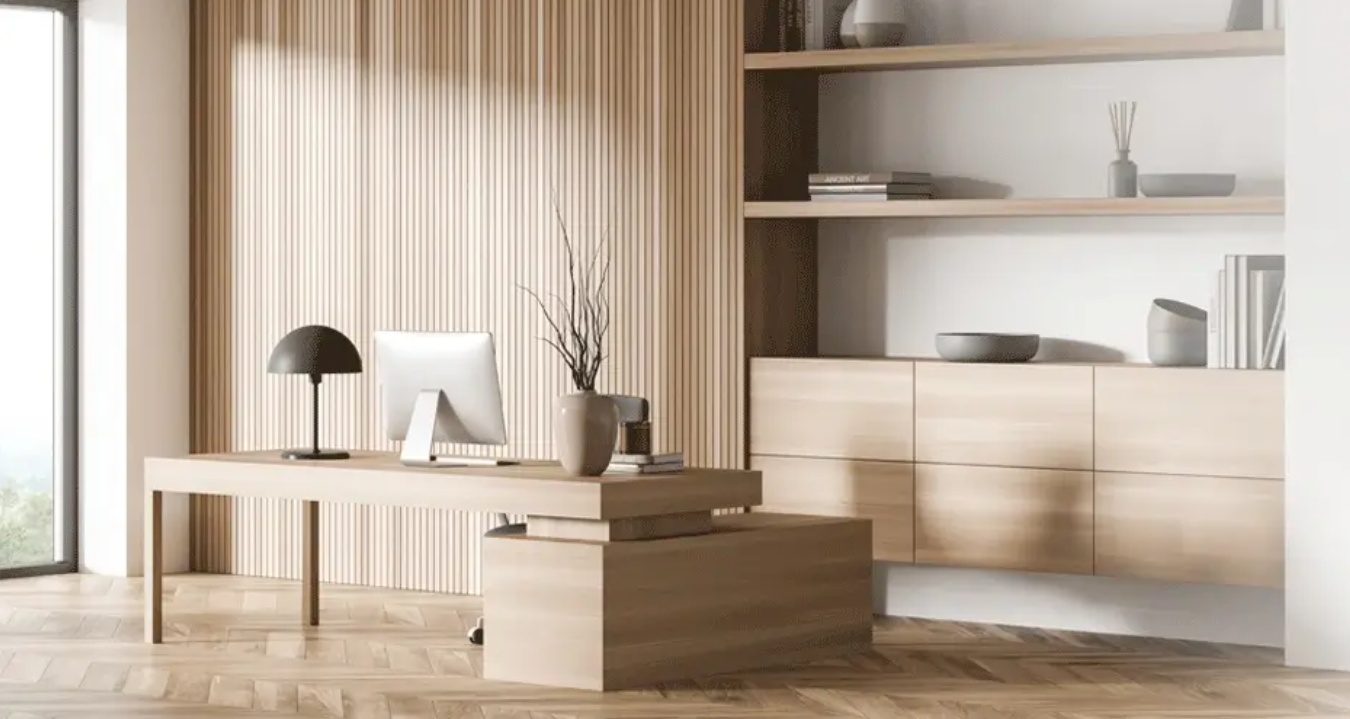 brown office with table, computer, shelves and mdf floors