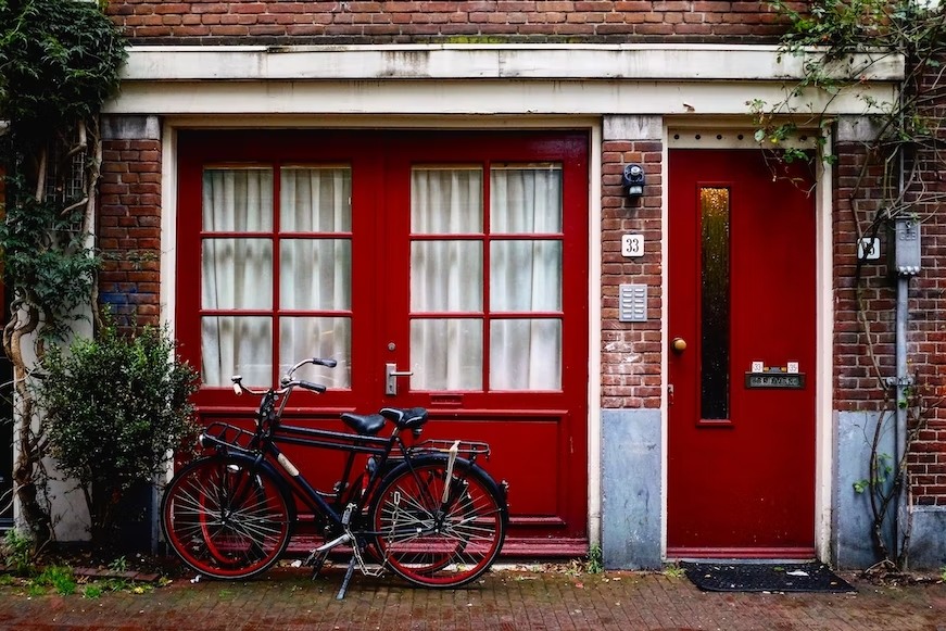 doors, glass, curtain, red colour for home exterior