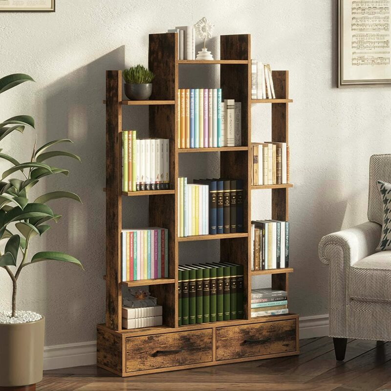 Rustic wooden bookshelf with two wooden drawers