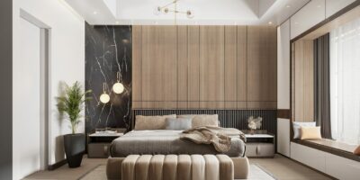 brown modern bedroom with hanging lights, chandelier, simple white room rug design, side table and indoor plants, door design