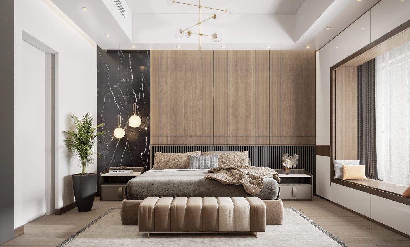 brown modern bedroom with hanging lights, chandelier, simple white room rug design, side table and indoor plants, door design
