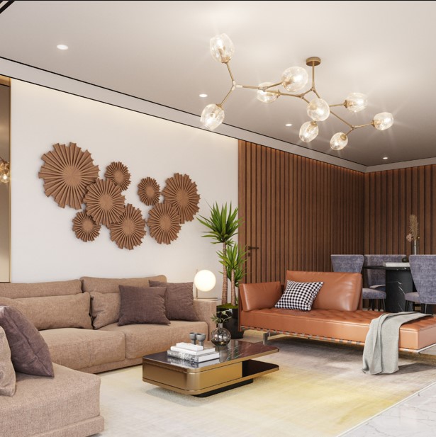 living room with modern chandelier and brown sofa. Walls have wooden panels and decor items 