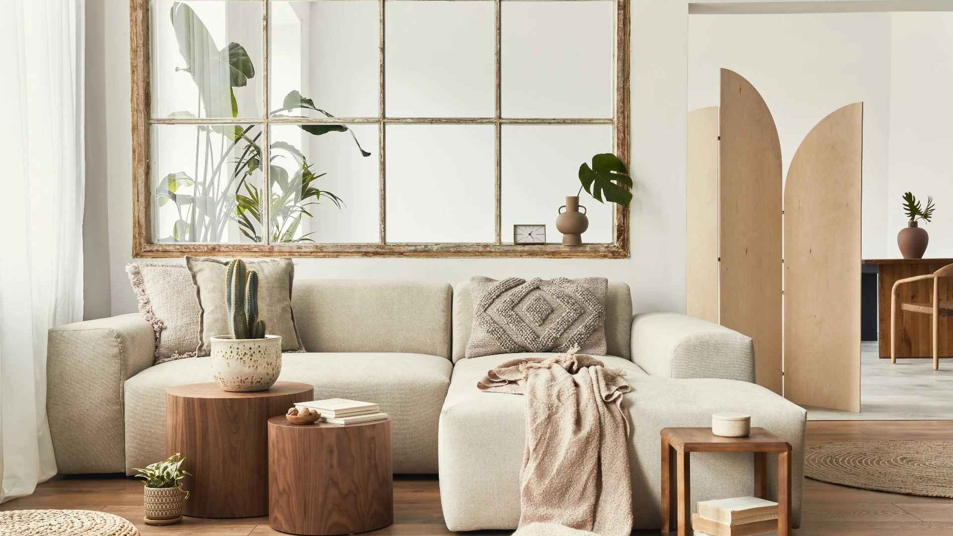 white living room combination design with brown wooden floors, white sofa, table, and plants