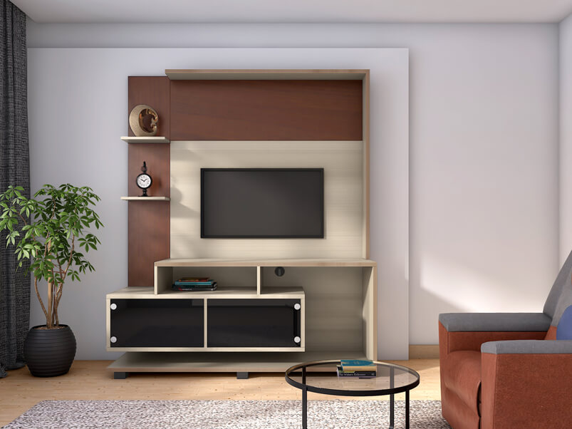 brown coloured wall mounted entertainment stand in the living room