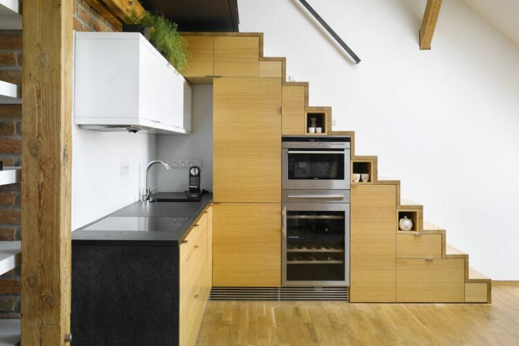 A retro staircase with storage