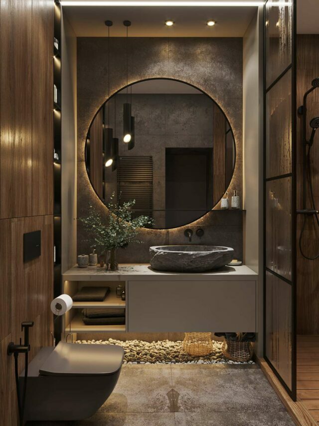 black bathroom with stone washbasin, mirror, accent lighting and toilet