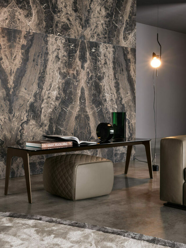 Glossy black console table with a chair