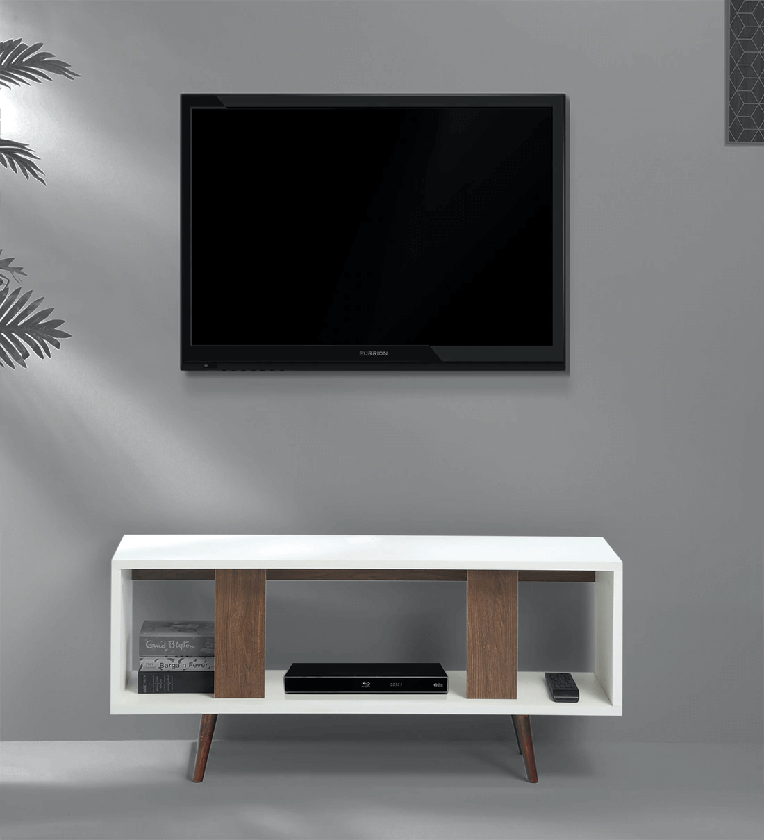 entertainment unit in-white and dark oak finish by ensemble homes