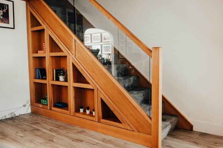 classy brown staircase with storage