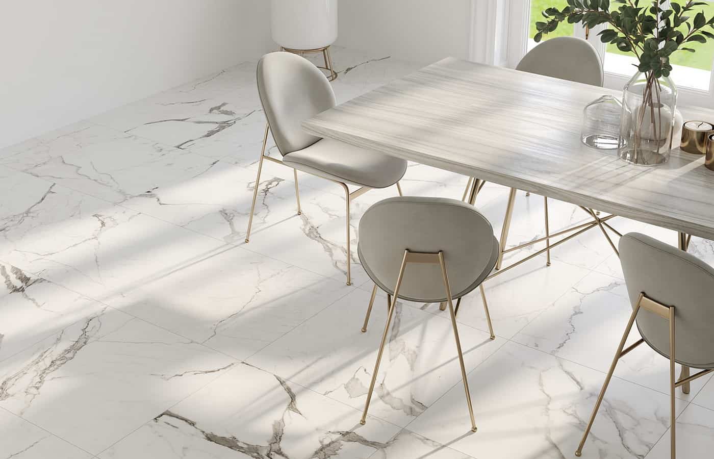 White marble flooring with dining table in home