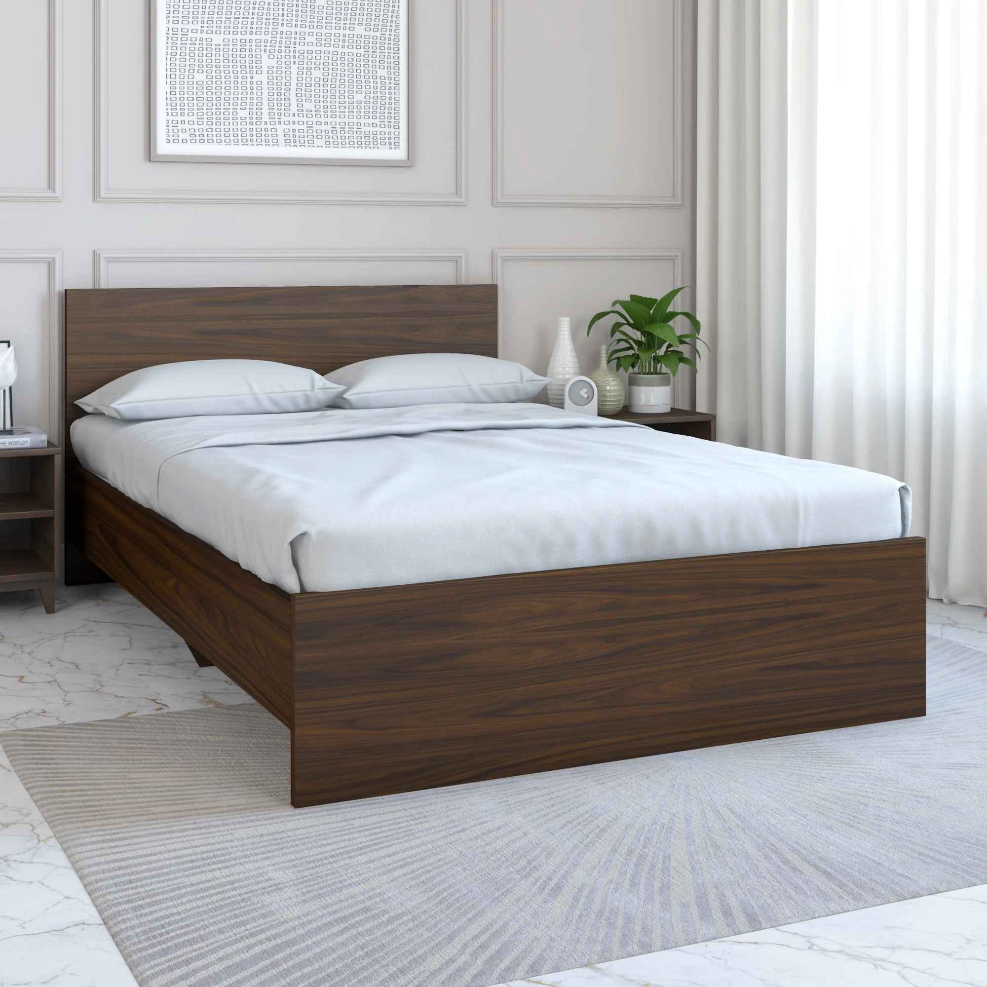 white bedroom with brown bed with a grey rug