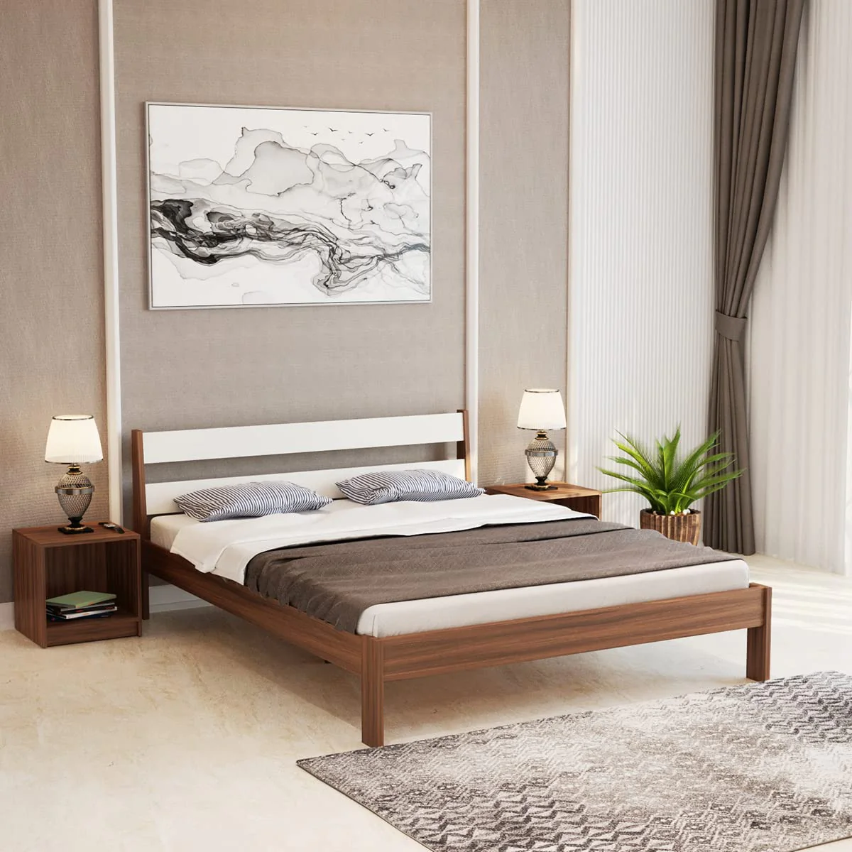 brown bedroom with a modern wood double bed design, grey rug, table, table lamp and a plant