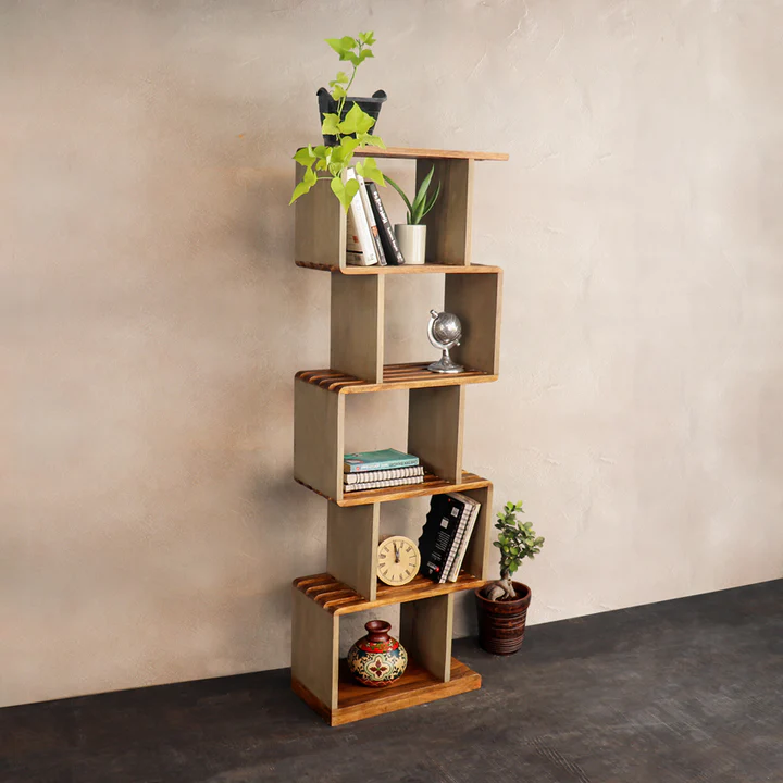 Wooden textured 5 tier display unit for your hall or living ،e.