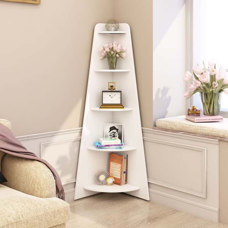 White 5 tier corner bookshelf for your living room or hall