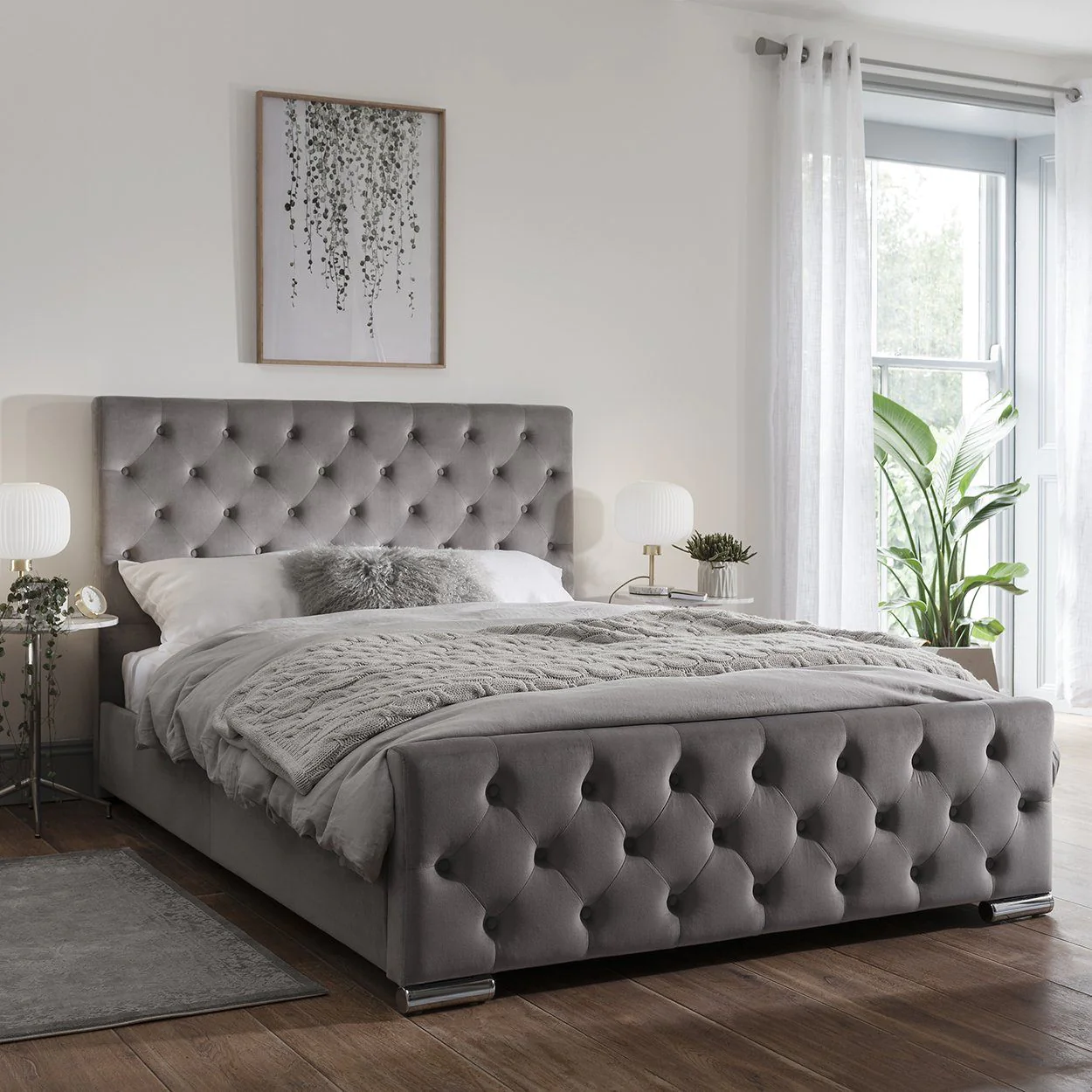 grey modern wood double bed design in a bedroom with a rug and wooden floors
