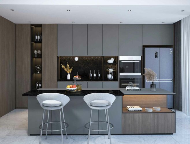 grey kitchen with kitchen island white chairs and kitchen appliances