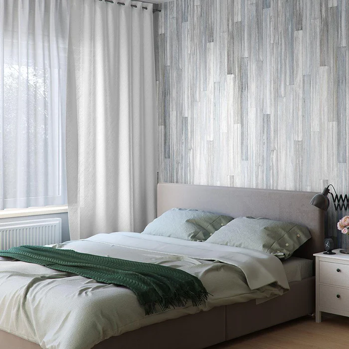 Modern Wooden textured panel for your bedroom with white curtains beside it